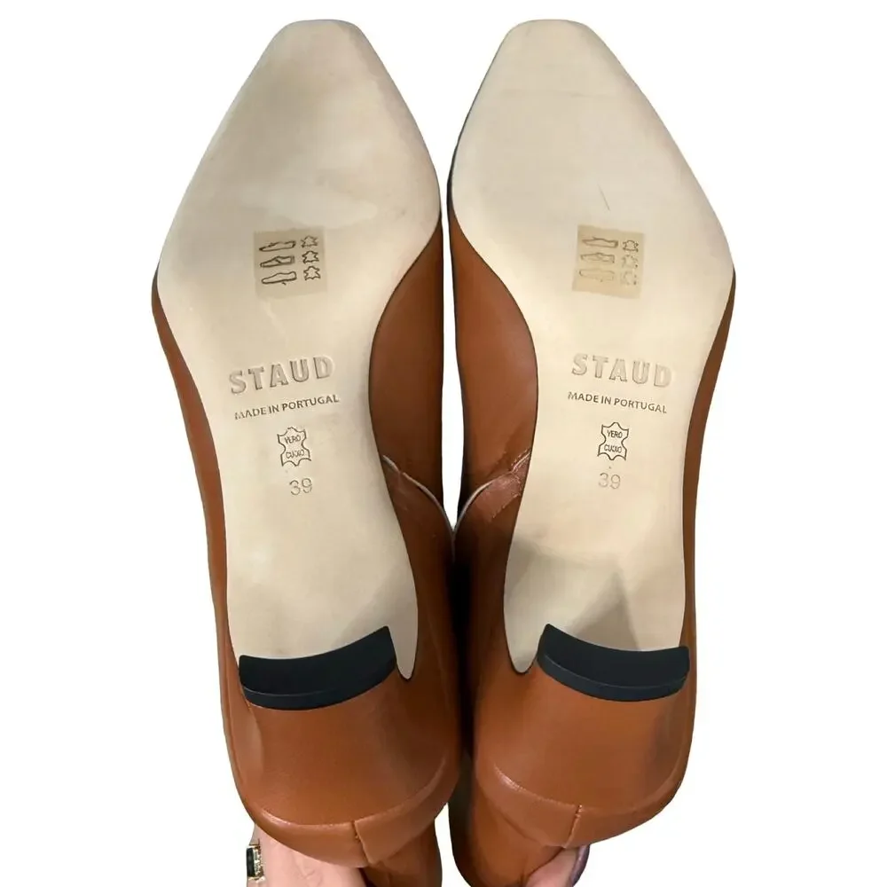 STAUD Wally Tan Nappa Leather Pointed Toe Kitten Heel Ankle Boots Size 39 / 9